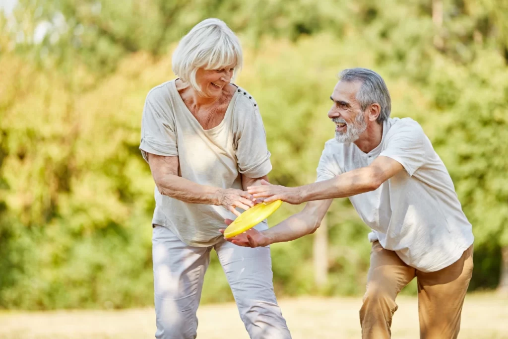 Unforgettable moments of senior couple, running and taking pleasure in life without any low back pain.