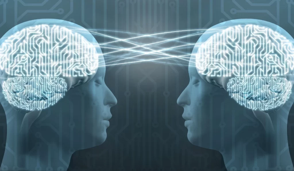 Telepathy: two cyborg human heads and circuit brain, mind control