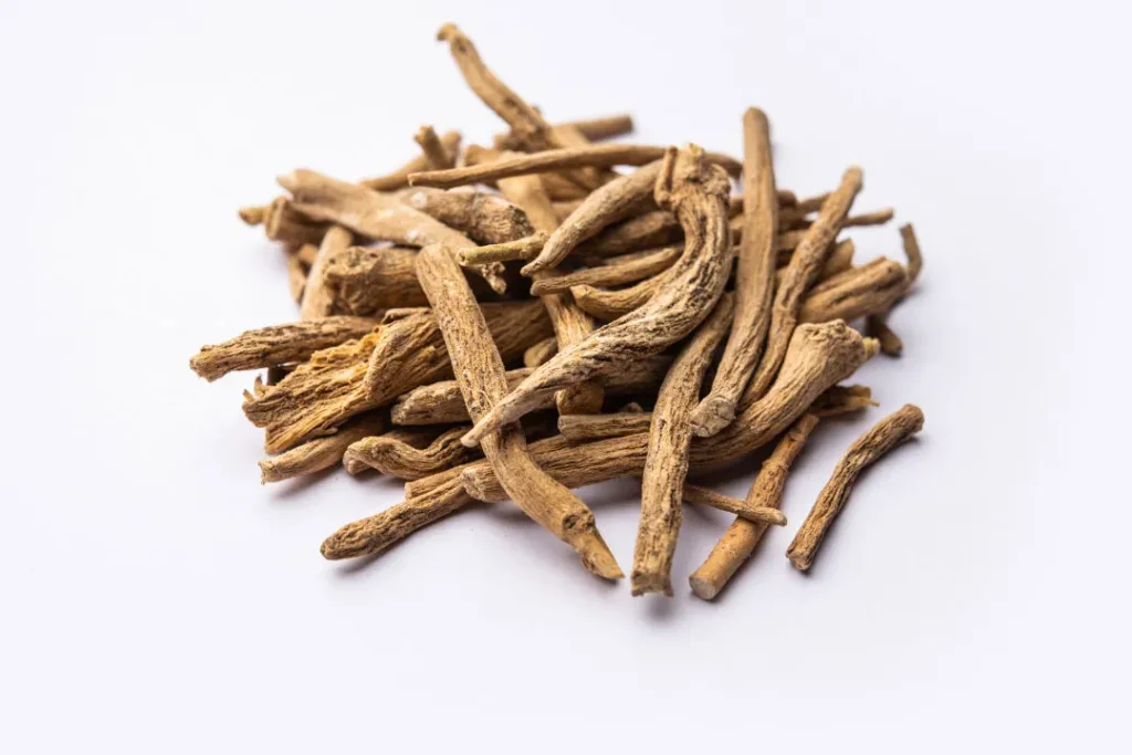 Ashwagandha root on white background