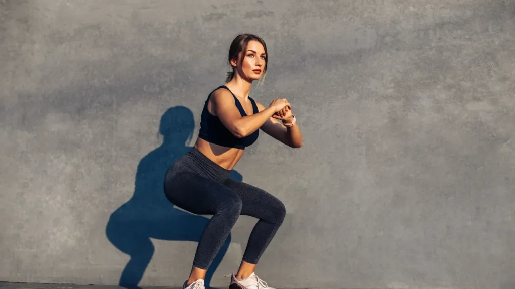 Beautiful fitness girl doing squats.