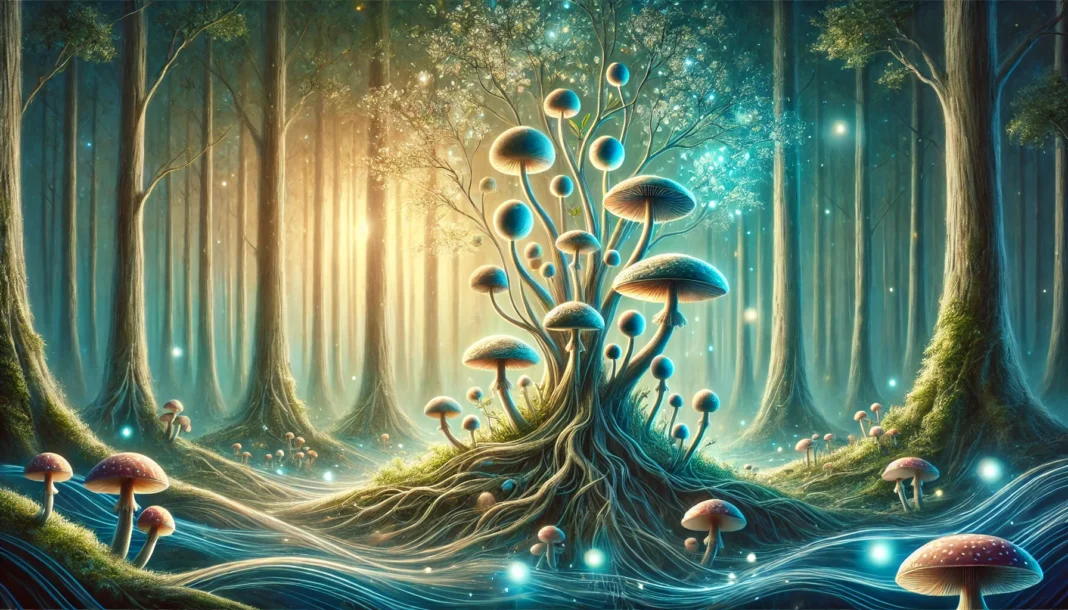 A serene, glowing forest where various adaptogenic mushrooms thrive harmoniously, surrounded by soft blue and green healing energy, symbolizing balance and well-being.