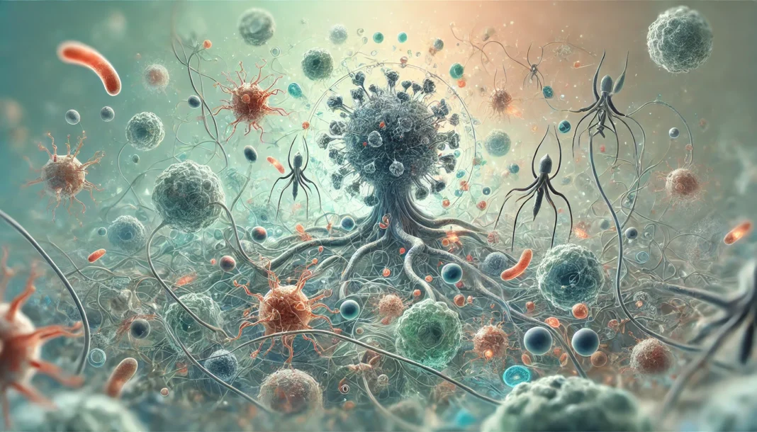 A detailed illustration of the immune system represented as a network of cells fighting off pathogens, with some parts weakened.