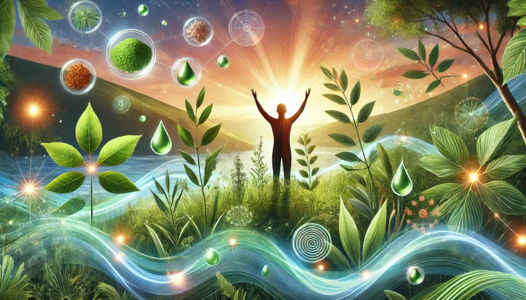 A revitalizing scene showing a silhouette of a person with raised arms toward the sunrise in a lush green landscape, surrounded by glowing herbal essences and abstract waves representing energy, stress relief, and balance.