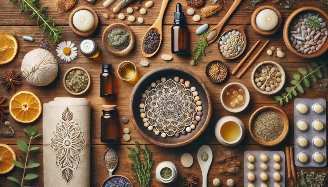 A flat lay of natural supplements, herbal remedies, and essential oils arranged on a wooden surface, illustrating over-the-counter options for stress relief and calming support.