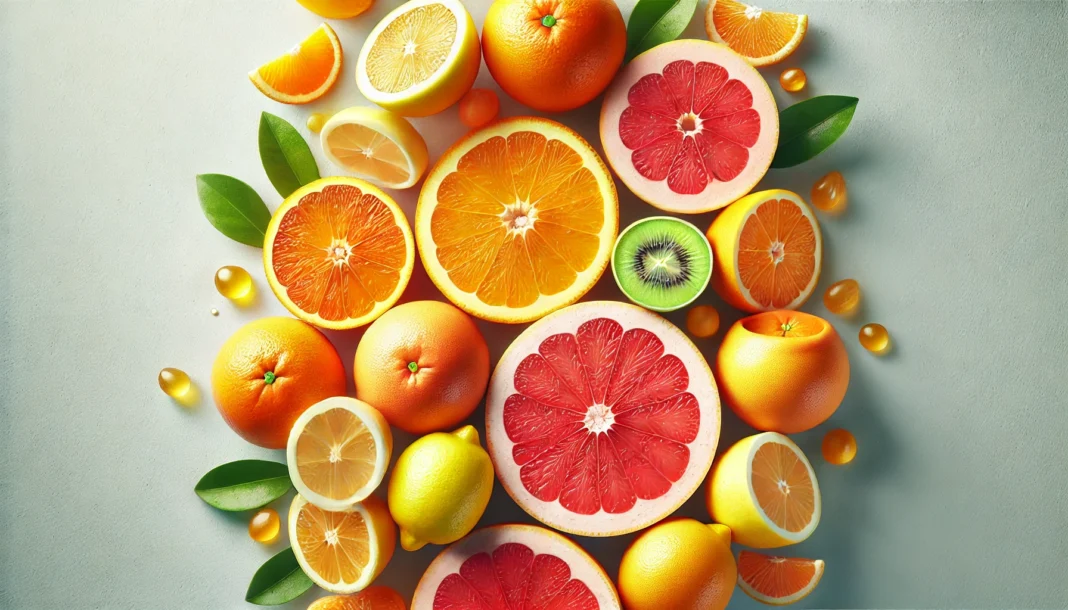 A close-up image of fresh citrus fruits like oranges, lemons, and grapefruits, showcasing vibrant colors and textures, symbolizing natural vitamin C sources for immune health.