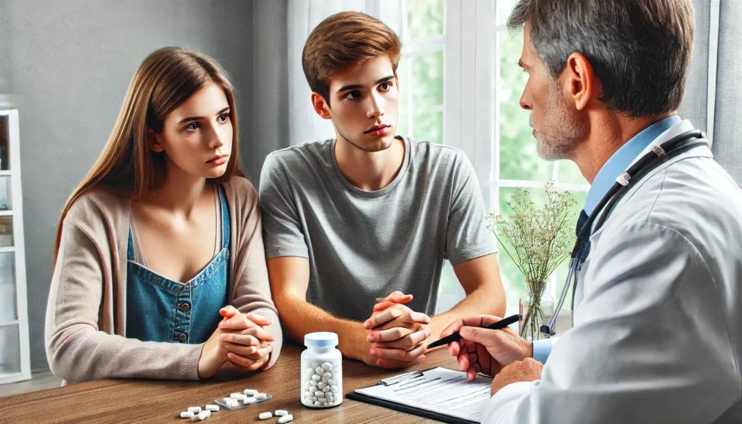 A medical consultation scene where a concerned parent and their 15-year-old child discuss Ashwagandha supplementation with a doctor. The doctor explains potential risks and benefits while the parent looks attentive and the teenager listens curiously.