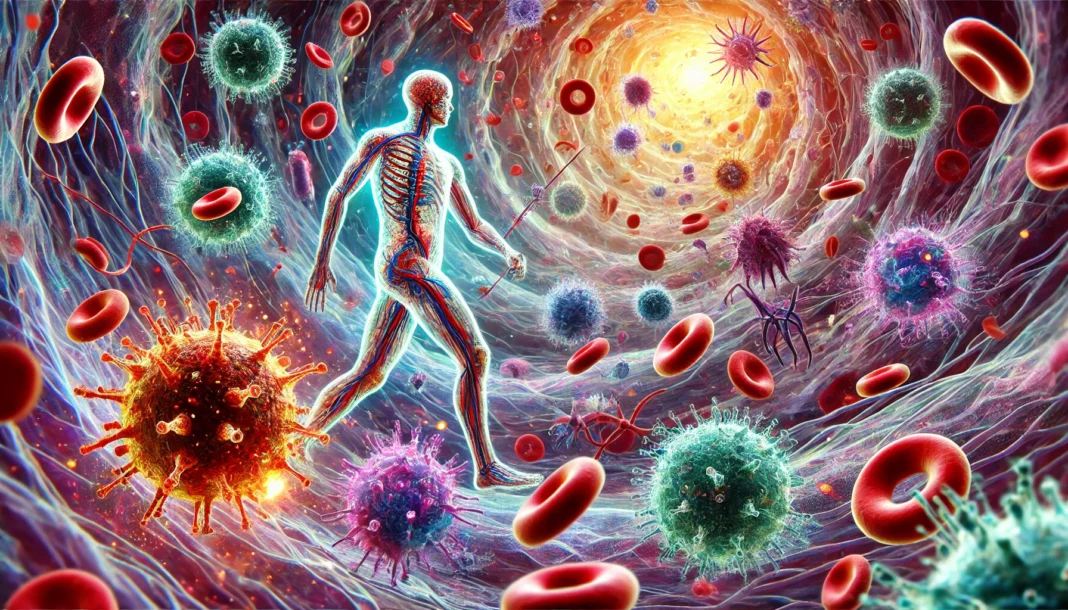 A detailed illustration of the immune system at work, showcasing immune cells defending against pathogens.