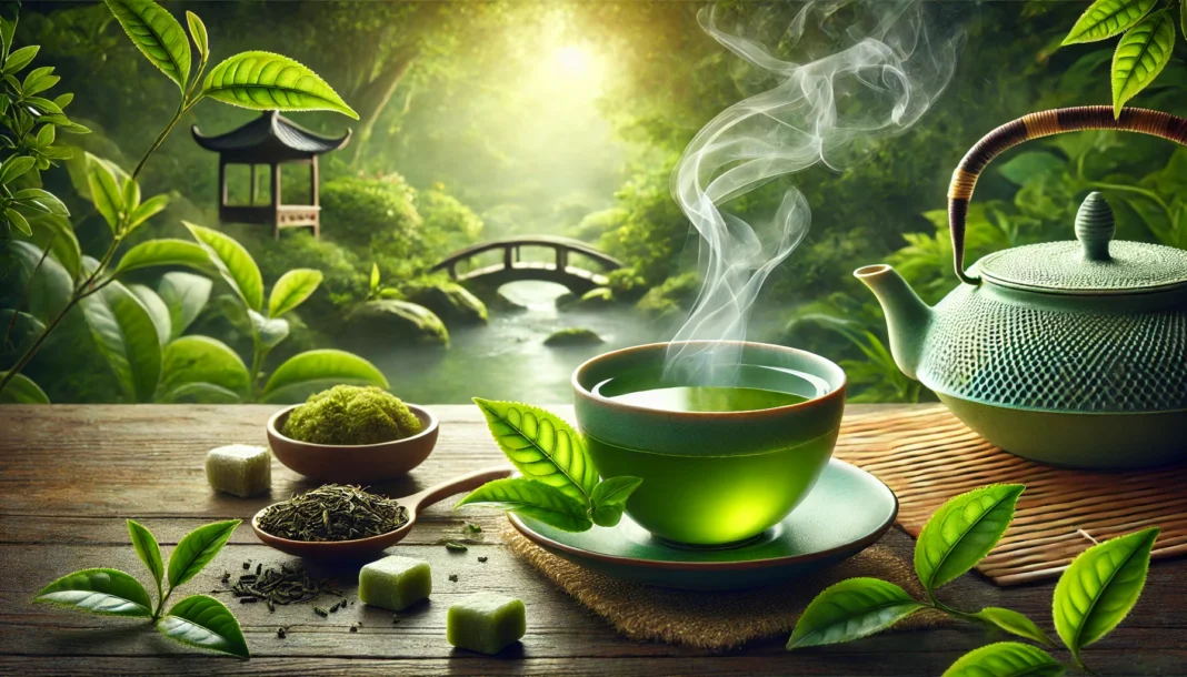 A refreshing green tea scene with a steaming cup of green tea, fresh tea leaves, and a tranquil garden background, representing calmness, stress relief, and natural cortisol reduction.