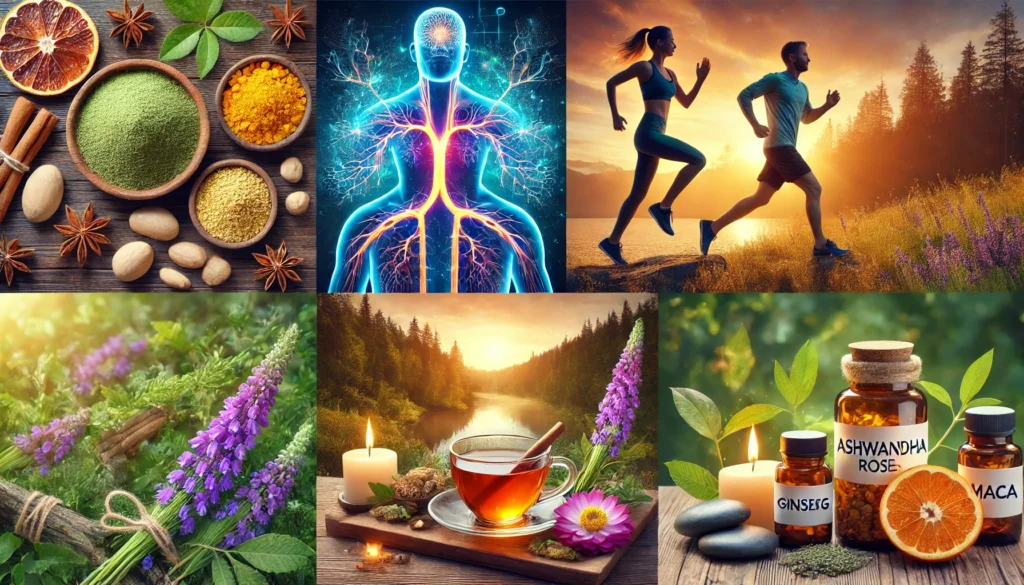 A vibrant still-life display of adrenal-supporting ingredients, including ashwagandha roots, rhodiola rosea flowers, ginseng, and maca powder, arranged with an energizing glow in the background, symbolizing natural vitality.