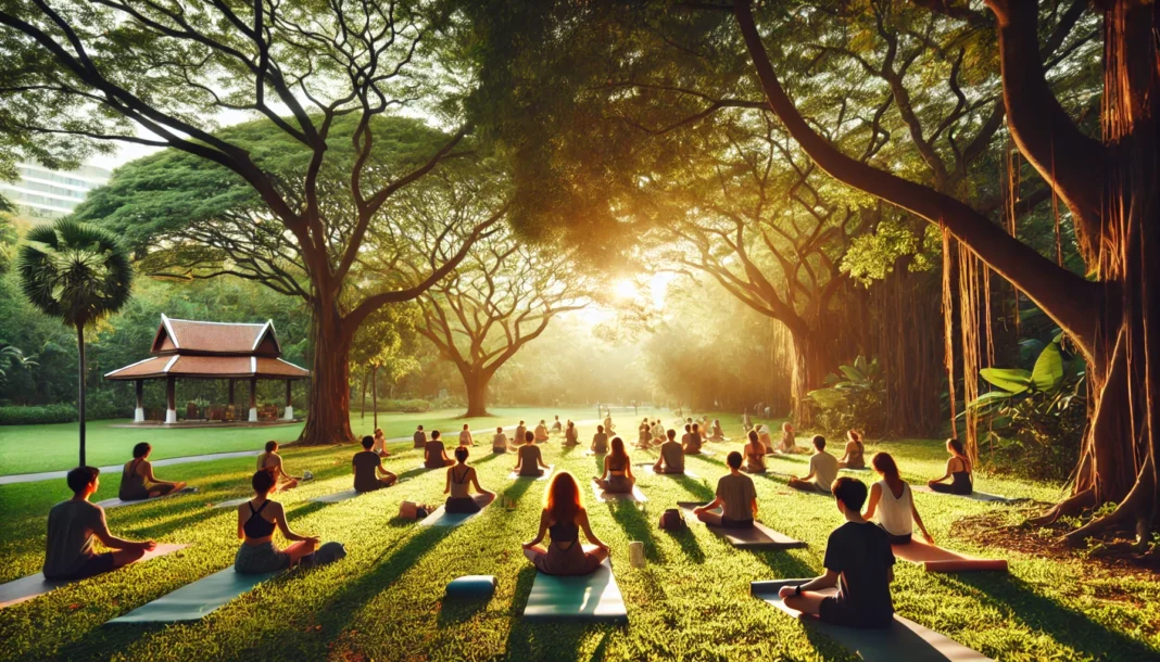 A group practicing yoga and deep breathing in a lush green park during the golden hour, surrounded by warm sunlight filtering through trees, promoting relaxation and mindfulness.