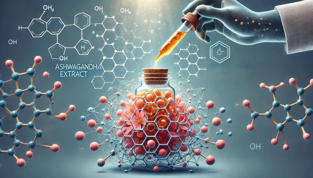 A scientific-inspired visualization of ashwagandha extract being infused into a cellular structure, symbolizing its role in hormonal support and well-being, with an organic molecular aesthetic.