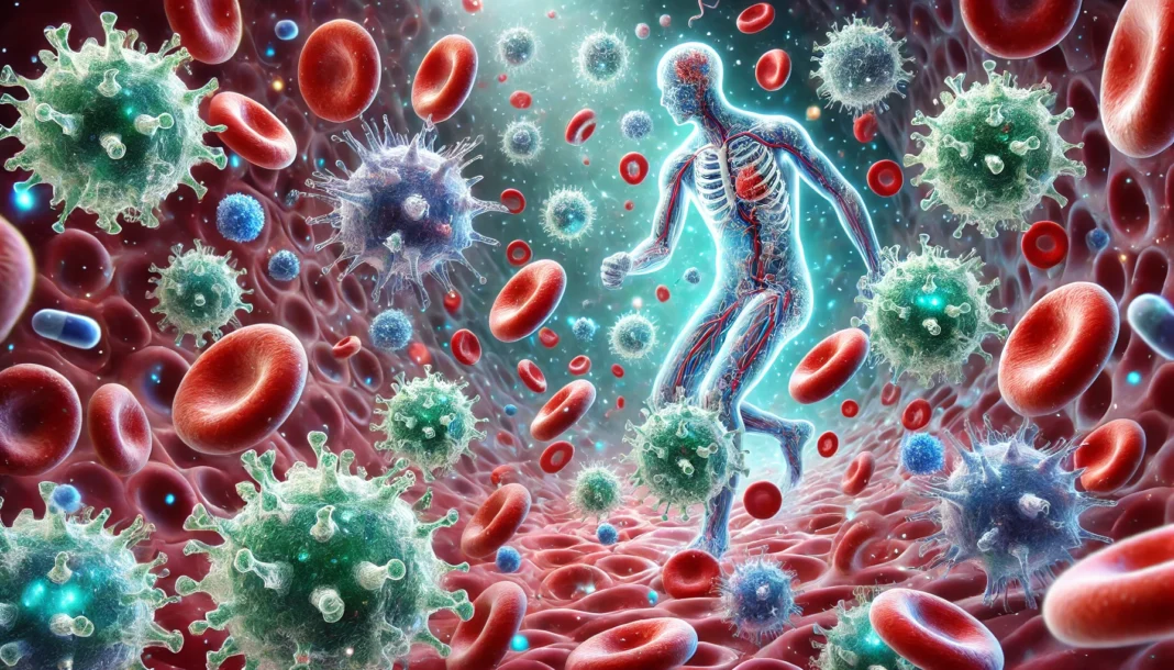 A detailed and vibrant illustration of the immune system working, showing white blood cells attacking viruses and bacteria.