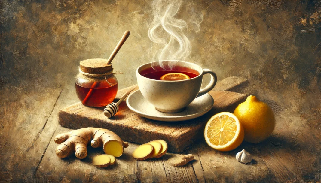 A soothing cup of herbal tea with fresh ginger and lemon slices, symbolizing a peaceful, natural treatment setting.