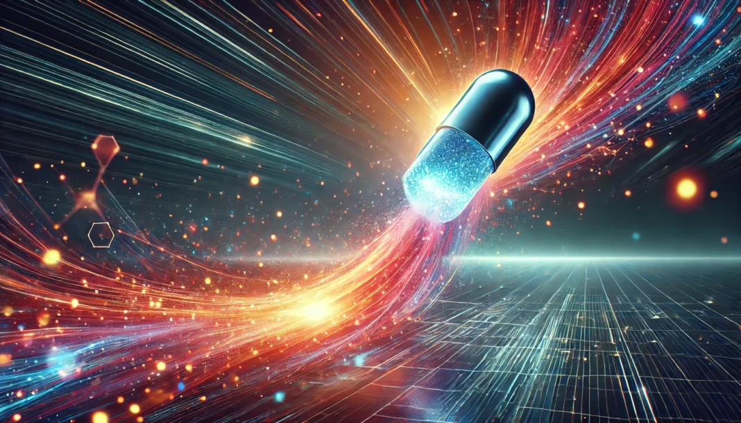 A high-tech energy capsule dissolving into glowing particles, symbolizing the controlled release of enhanced stamina and motivation. The sleek futuristic background emphasizes the power and safety of scientifically designed energy-boosting substances.