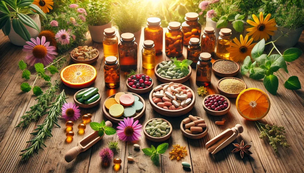 A vibrant display of immunity-boosting supplements like vitamin C, vitamin D, zinc, and echinacea, arranged on a wooden table surrounded by fresh herbs and plants.