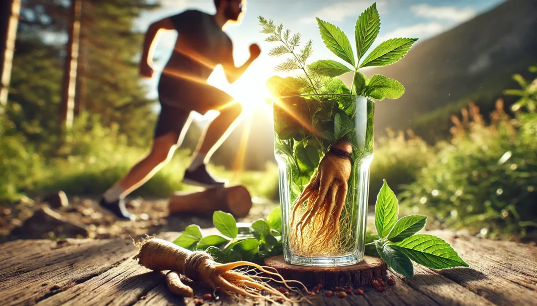 A dynamic, energetic scene of a person enjoying a herbal-infused drink outdoors, surrounded by vibrant natural scenery. The drink, made with energy-boosting herbs like ginseng, maca, and Rhodiola, is served in a clear glass with fresh leaves and roots visible, symbolizing vitality and stamina in a sunlit, revitalizing setting.