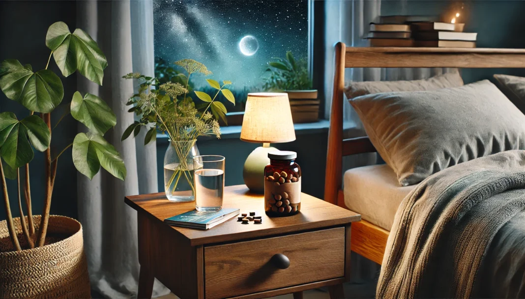 A peaceful, nature-inspired bedroom featuring a wooden nightstand with ashwagandha supplements, a glass of water, and a softly glowing lamp. Through the window, a starry night sky enhances the serene bedtime atmosphere.