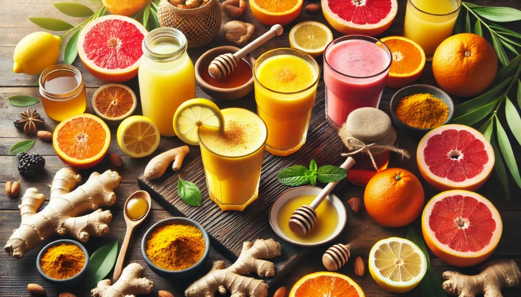 A vibrant morning scene showing a variety of healthy immune-boosting drinks, including a citrus smoothie, ginger tea, and turmeric latte, arranged on a wooden table.