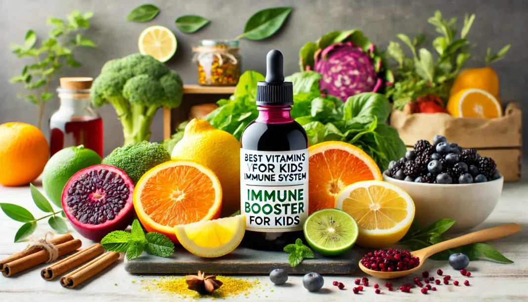 A vibrant and inviting image of various natural ingredients, such as oranges, lemons, leafy greens, and a bottle of elderberry syrup, arranged on a kitchen counter, highlighting the best vitamins for kids immune system and immune booster for kids.