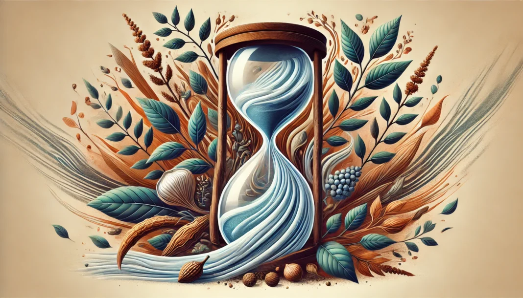 An abstract visualization of time featuring a flowing hourglass surrounded by Ashwagandha roots and leaves, symbolizing the gradual yet effective stress and anxiety relief provided by Ashwagandha over time.