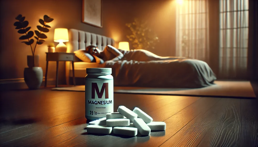 A serene bedroom scene with a person peacefully sleeping under soft, warm lighting, illustrating magnesium’s role in improving sleep and reducing nighttime anxiety.