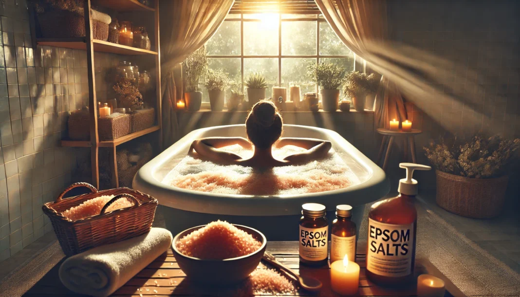 A peaceful spa-like scene with a person enjoying a warm bath infused with Epsom salts, highlighting the stress-relieving and muscle-relaxing effects of magnesium.