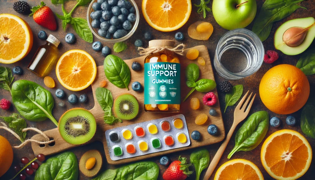 A vibrant flat lay of immune support gummies surrounded by fresh fruits and leafy greens.