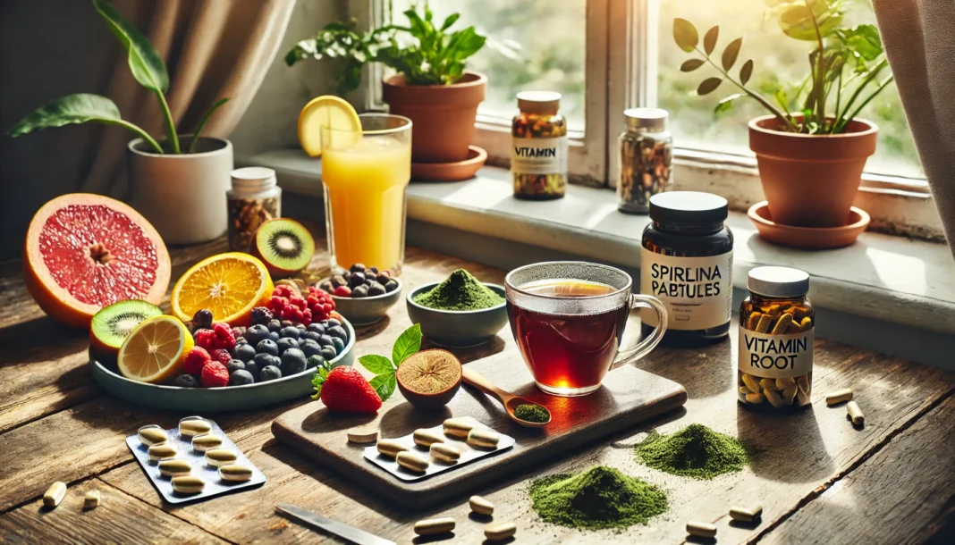 A sunlit morning wellness routine setup featuring a wooden table with a cup of herbal tea infused with ginseng and lemon, an assortment of natural supplements like spirulina tablets, vitamin capsules, and maca root powder, and a fruit platter with berries and citrus.