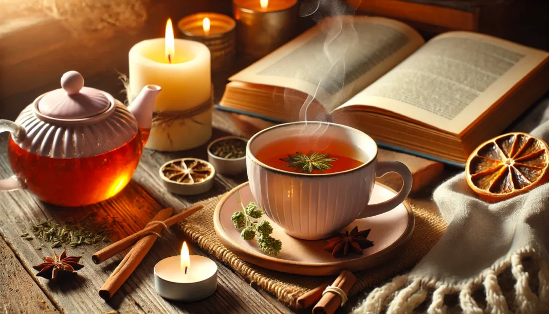 A cozy indoor setting featuring a steaming cup of herbal tea on a wooden table, next to a softly glowing candle and an open book. The warm and inviting ambiance exudes relaxation, comfort, and stress relief.