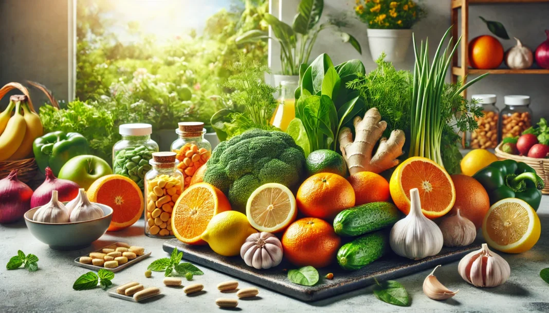 A vibrant collection of antiviral foods such as citrus fruits (oranges, lemons), garlic, ginger, and green leafy vegetables arranged on a wooden kitchen counter. Vitamin supplements like small bottles of vitamin D and zinc are included, emphasizing a natural, healthy lifestyle for boosting immunity.