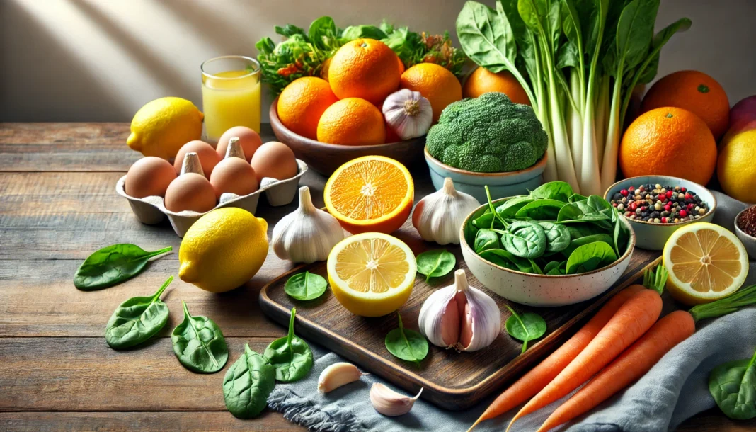 A healthy meal with nutrient-rich foods to boost immune health, including citrus fruits like oranges and lemons, garlic, spinach, and a variety of colorful vegetables, arranged beautifully on a wooden table. The soft natural lighting highlights their vibrant colors, emphasizing the theme of strengthening the immune system through diet.