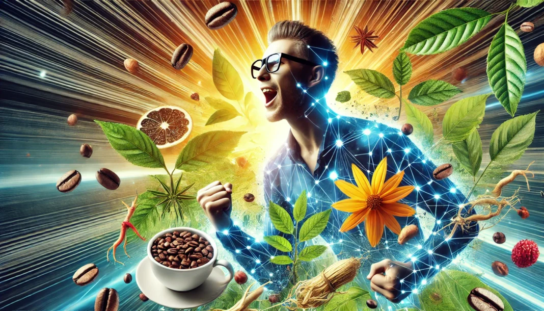 A vibrant image of a person feeling energized and focused, surrounded by natural elements like coffee beans, ginseng, and green tea leaves, symbolizing mental clarity and vitality.