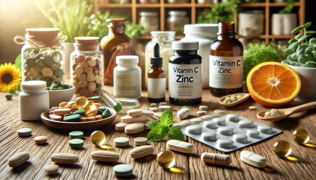 A close-up of various health supplements including vitamin C tablets, zinc pills, probiotics capsules, and herbal extracts on a wooden table. The supplements are arranged in an aesthetically pleasing way with natural light shining on them, set against a background of greenery, representing a natural approach to boosting immunity.