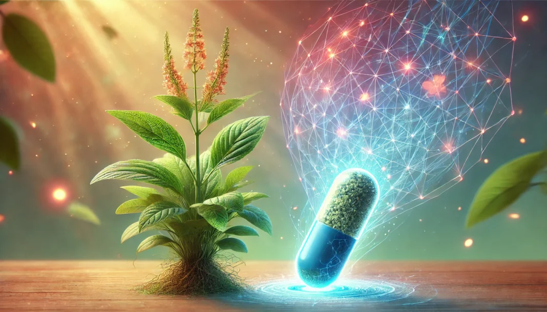 A symbolic representation of the interaction between Ashwagandha and SSRIs, showcasing a vibrant herbal plant growing alongside a futuristic capsule dissolving into a glowing neural network, merging traditional herbal medicine with scientific advancements.