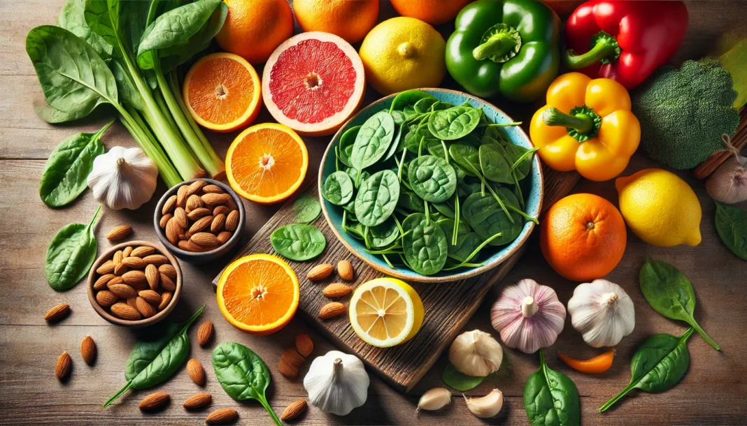 A variety of fresh, healthy foods on a wooden table, including citrus fruits like oranges, lemons, and grapefruits, spinach, garlic, bell peppers, and almonds. These foods symbolize natural ways to boost white blood cells and strengthen the immune system.