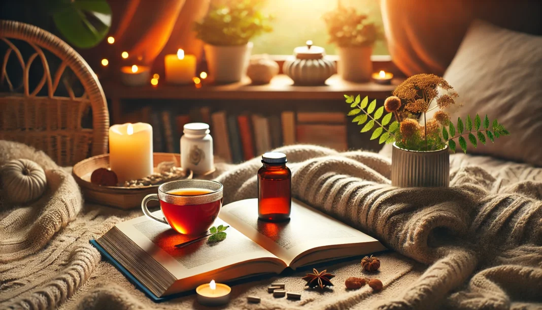 A cozy indoor scene featuring a cup of herbal tea, a bottle of natural supplements, and an open book resting on a soft blanket. The warm lighting and tranquil setting create a sense of relaxation and stress relief. A cozy indoor scene featuring a cup of herbal tea, a bottle of natural supplements, and an open book resting on a soft blanket. The warm lighting and tranquil setting create a sense of relaxation and stress relief. A cozy indoor scene featuring a cup of herbal tea, a bottle of natural supplements, and an open book resting on a soft blanket. The warm lighting and tranquil setting create a sense of relaxation and stress relief. A cozy indoor scene featuring a cup of herbal tea, a bottle of natural supplements, and an open book resting on a soft blanket. The warm lighting and tranquil setting create a sense of relaxation and stress relief.