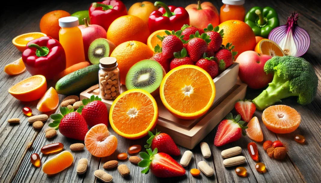 A variety of vitamin C-rich foods, including oranges, strawberries, and bell peppers, arranged on a wooden table, showcasing their vibrant colors. These foods symbolize the natural sources of vitamin C that support immune health and may help with cold prevention.