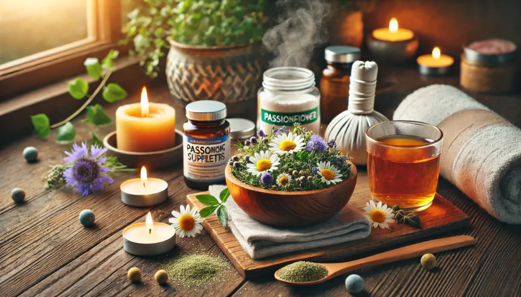 A cozy self-care setting showcasing natural stress relief, with a wooden bowl of adaptogenic herbs, passionflower supplements, magnesium powder, and a steaming cup of chamomile tea, illuminated by soft candlelight with indoor plants in the background.