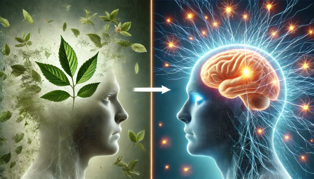 A visual contrast between a foggy, unfocused mind and a sharp, alert brain with glowing neurons. Ashwagandha leaves and roots are subtly integrated, symbolizing their role in enhancing focus and reducing mental stress, representing the transition from confusion to clarity.