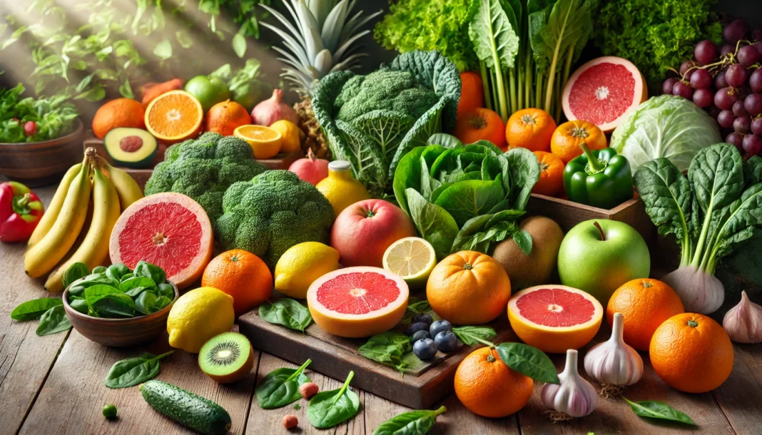 A vibrant display of various fruits and vegetables known for their immune-boosting properties, including citrus fruits like oranges, lemons, and grapefruits, along with leafy greens like spinach and kale, arranged aesthetically on a wooden table with natural lighting.