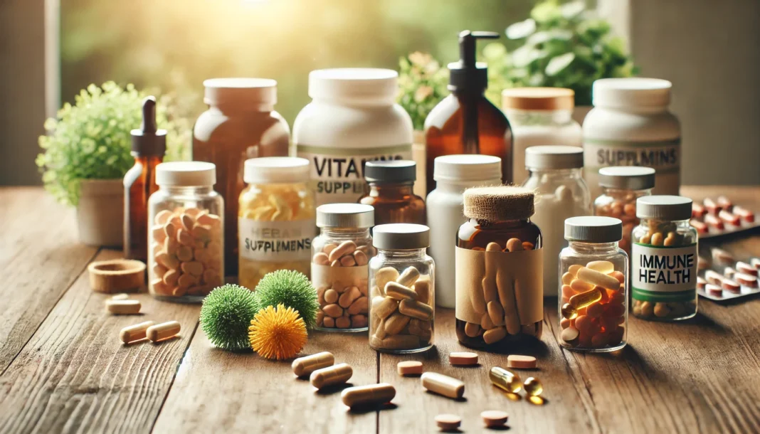 A close-up image of a variety of health supplements like vitamin bottles and herbal capsules.