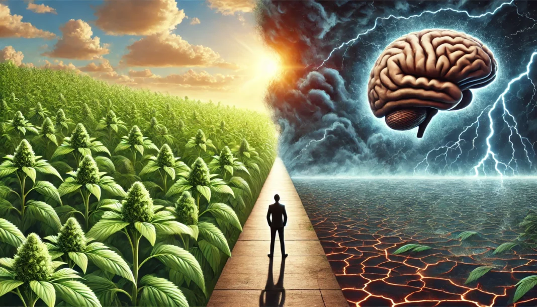 A conceptual landscape split into two contrasting sides: a peaceful, bright scene with lush Ashwagandha plants on the left, and a chaotic stormy atmosphere with a distorted brain on the right. A figure stands in the center, contemplating the decision of using Ashwagandha for mental health.