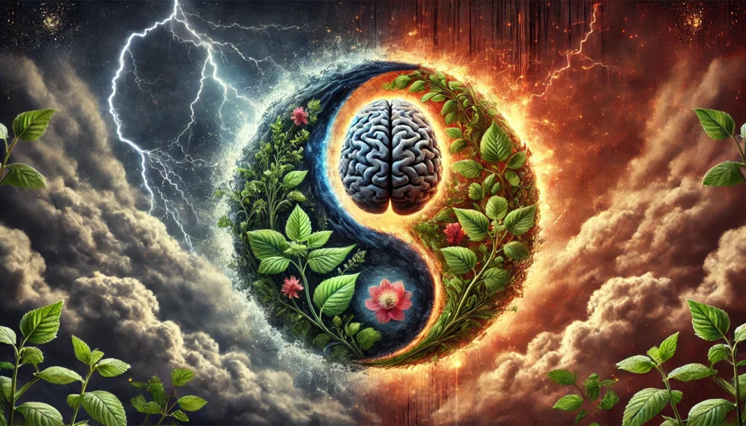 An artistic yin-yang-inspired representation of bipolar disorder and Ashwagandha’s role in mood balance. One side shows a turbulent, stormy brain, while the other is serene and illuminated, surrounded by Withania somnifera plants, highlighting its potential in emotional stability.