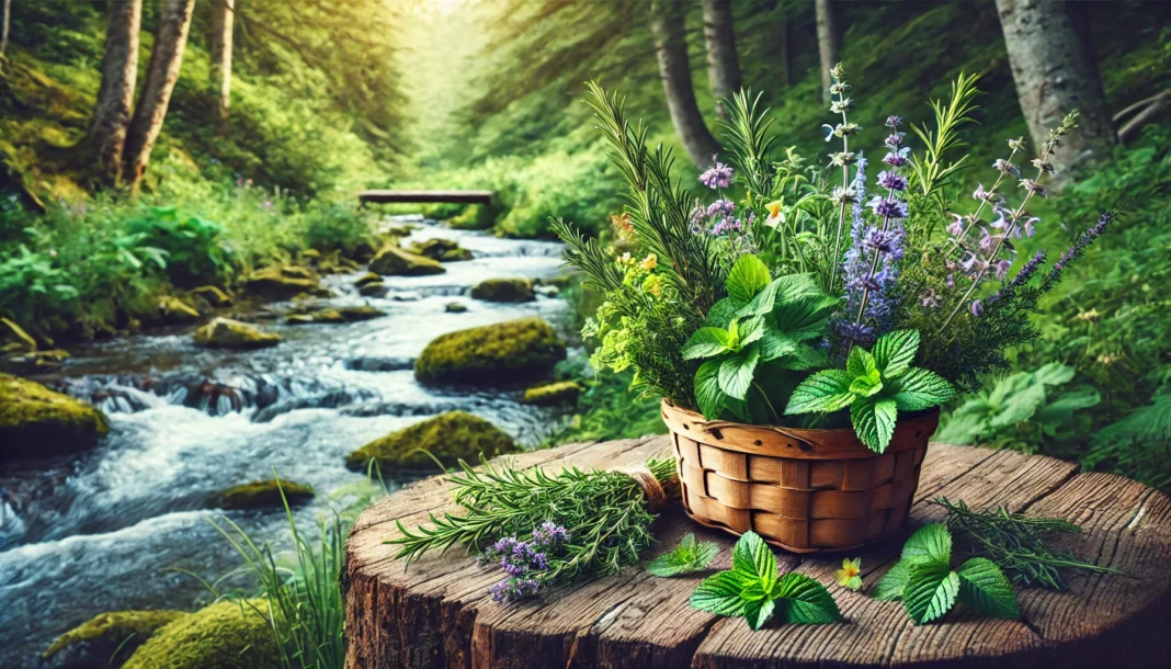 A picturesque natural landscape with a rustic wooden basket filled with freshly picked herbs like rosemary, lemon balm, and skullcap, placed near a flowing stream, symbolizing harmony with nature.