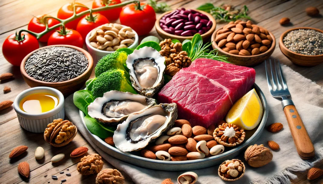 A close-up view of a plate filled with zinc-rich foods like oysters, red meat, nuts, and seeds, showcasing a natural and wholesome approach to boosting immune function through diet.