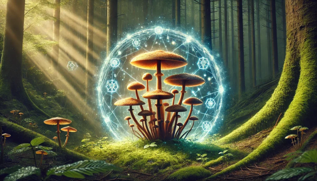 Adaptogenic mushrooms in a dewy, enchanted forest, surrounded by a magical protective aura symbolizing immunity support and resilience against external threats.