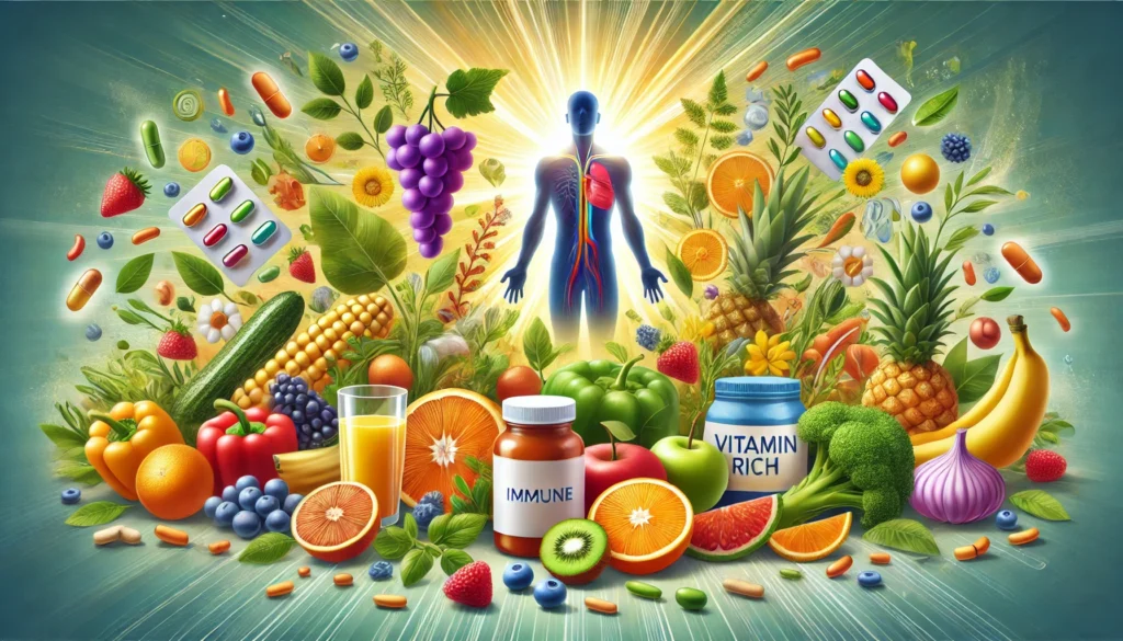 A healthy person surrounded by fruits, vegetables, and supplements, emphasizing nourishment and lifestyle choices.