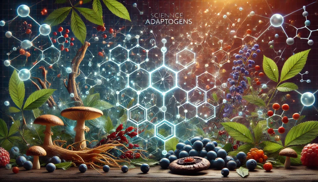 A futuristic visualization of adaptogens' scientific effects, blending molecular structures with natural elements like ginseng, reishi mushrooms, and schisandra berries, symbolizing the synergy between traditional medicine and modern research.