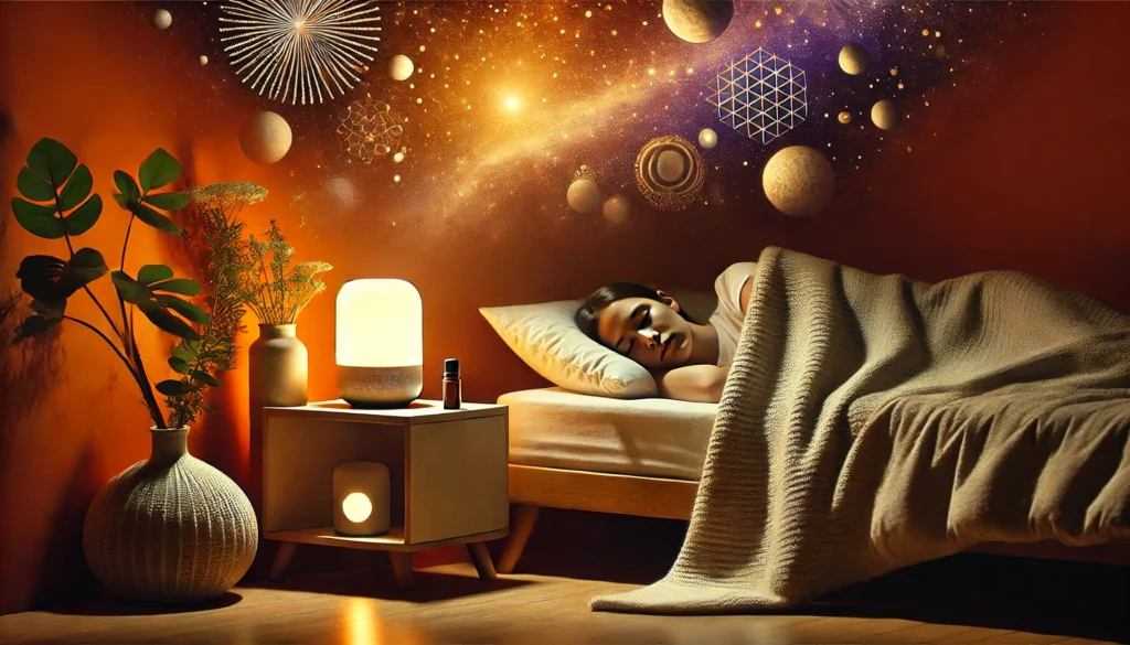 A peaceful bedroom scene with a person sleeping soundly under a warm blanket, accompanied by soft lighting and an essential oil diffuser, representing anxiety relief and better sleep.