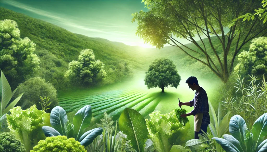 A serene image of a green landscape with healthy plants, where a person is picking leafy vegetables or herbs, symbolizing plant-based nutrition and its role in supporting immune function.